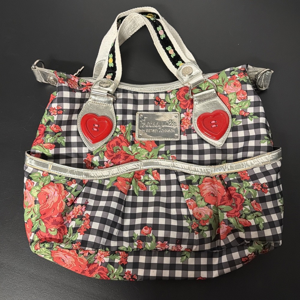Betseyville Floral Checkerboard Flannel Satchel Top Handle Bag Zip Hearts